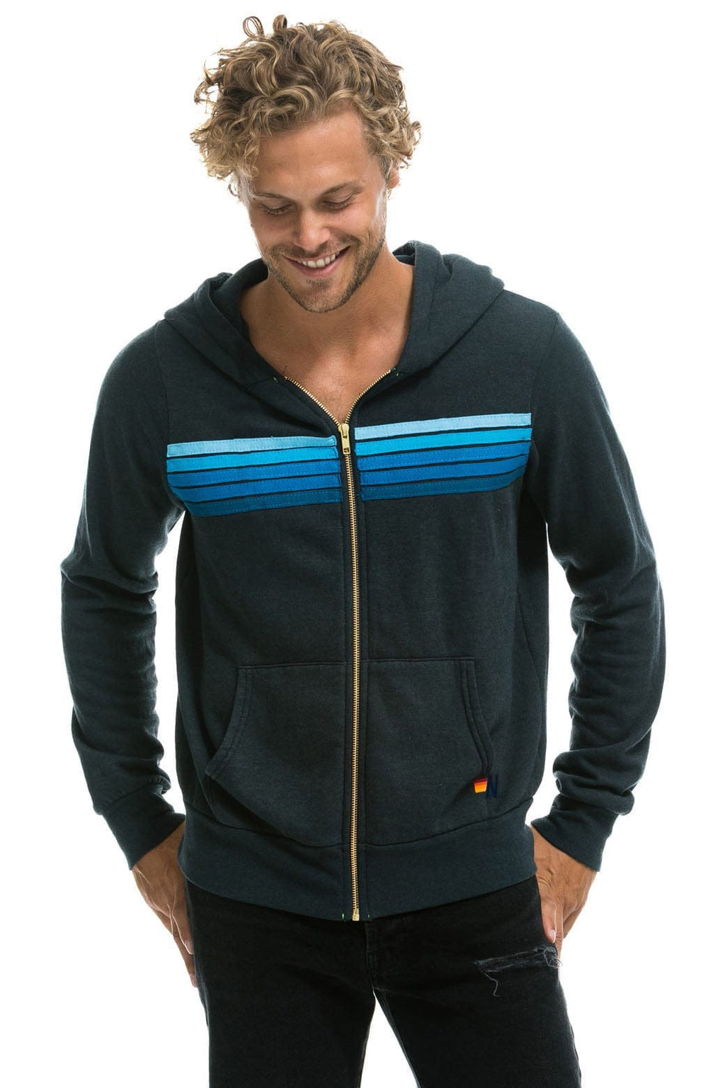 5 STRIPE HOODIE - CHARCOAL BLUE