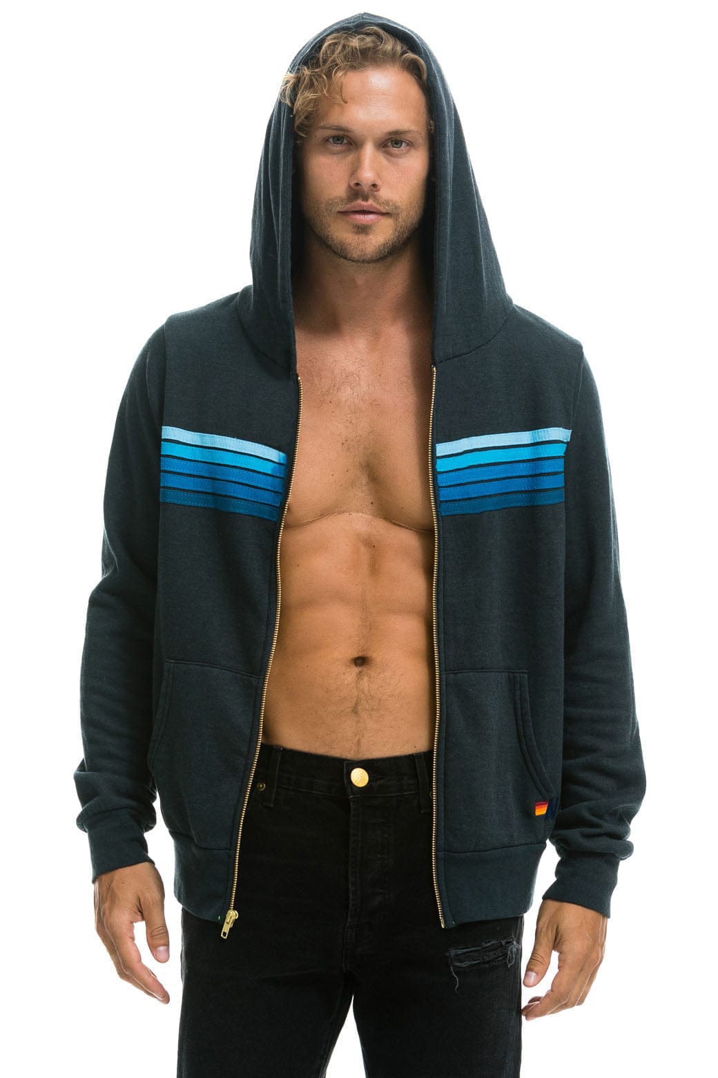 5 STRIPE HOODIE - CHARCOAL BLUE