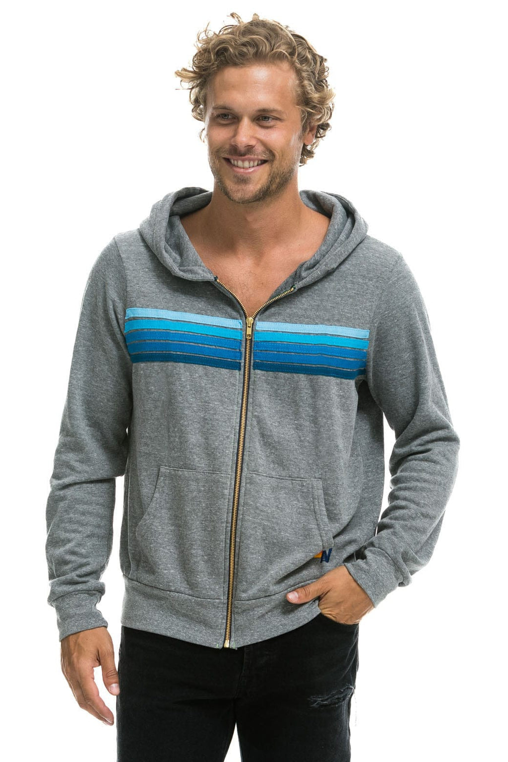 5 STRIPE HOODIE - HEATHER GREY BLUE