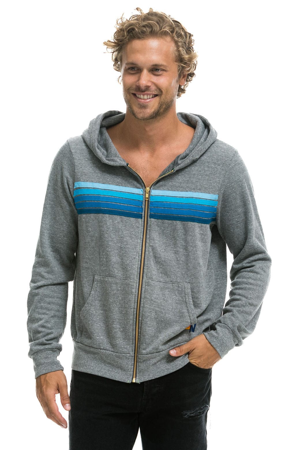 5 STRIPE HOODIE - HEATHER GREY BLUE