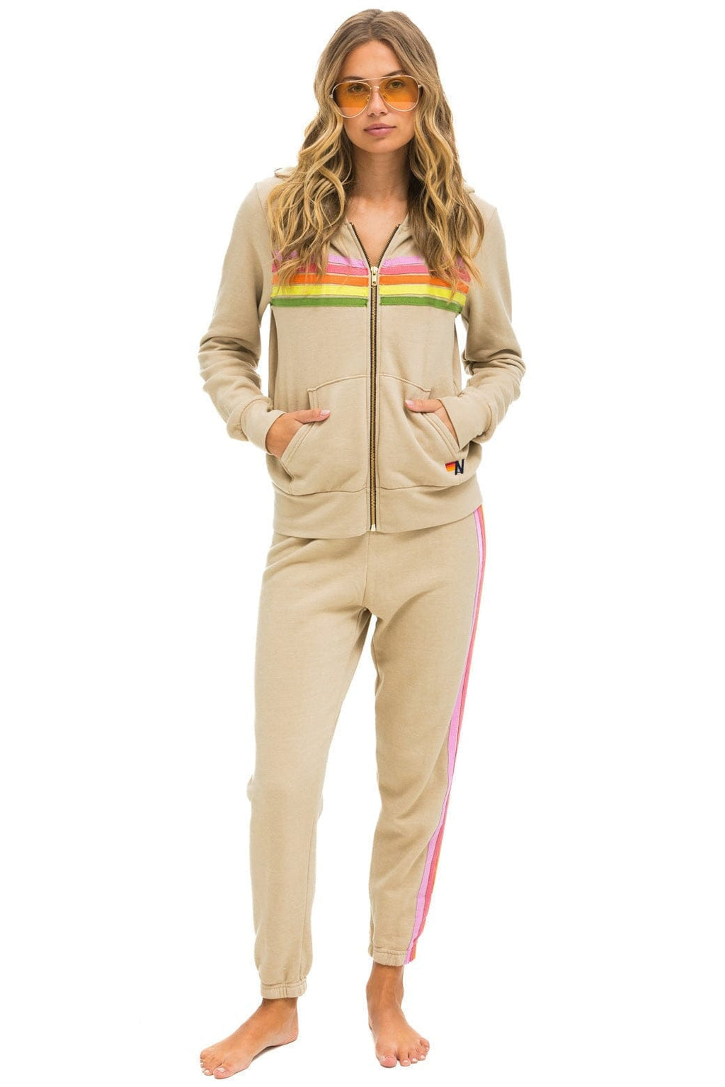 5 STRIPE HOODIE - SAND PINK GREEN