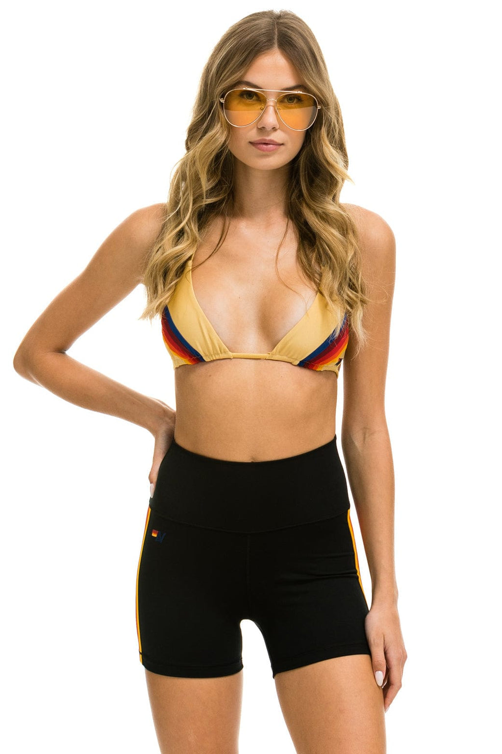 5 STRIPE RAINBOW 4 INCH HI-RISE BIKER SHORT - BLACK