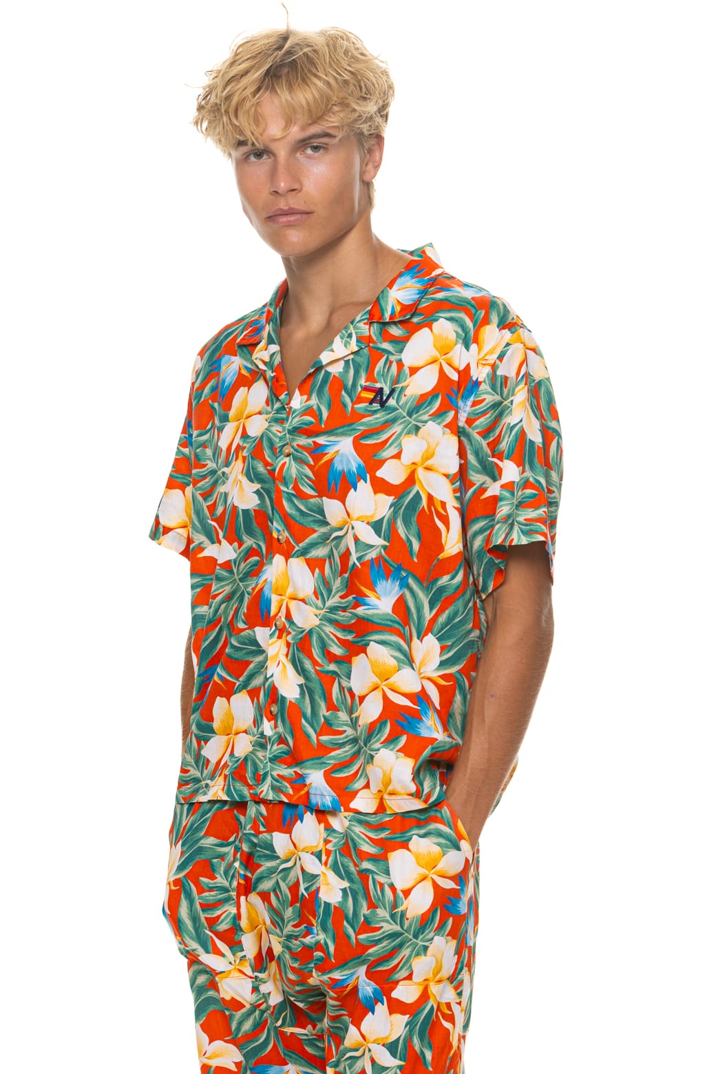UNISEX COTTON LUXE POPLIN RESORT SHIRT - RED KAUAI