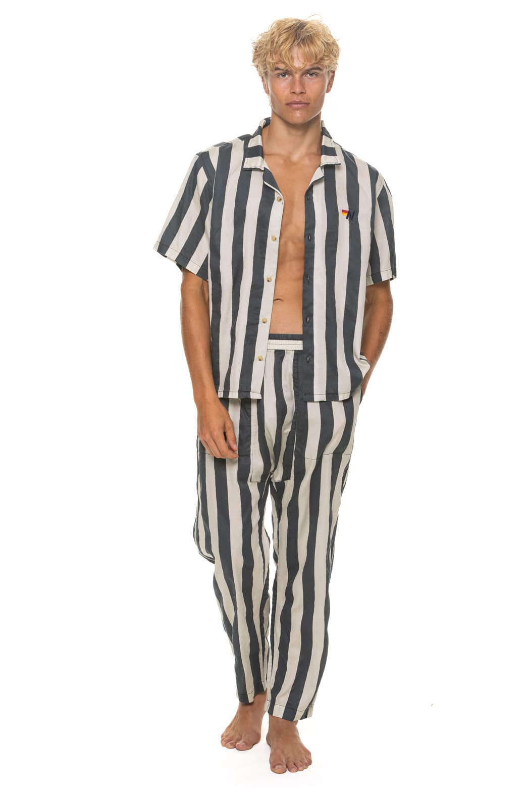 UNISEX COTTON LUXE POPLIN RESORT SHIRT - VINTAGE BLACK STRIPE