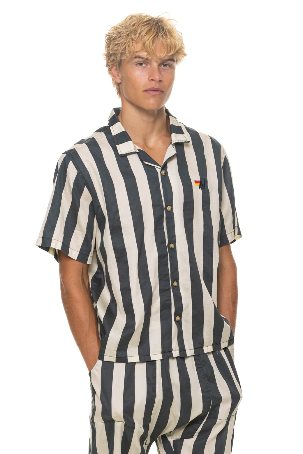 UNISEX COTTON LUXE POPLIN RESORT SHIRT - VINTAGE BLACK STRIPE