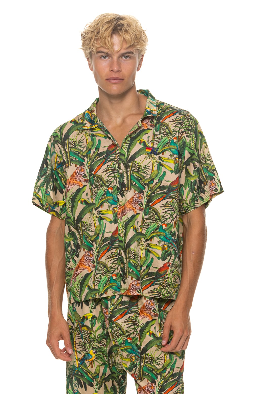 UNISEX COTTON LUXE POPLIN RESORT SHIRT - VINTAGE WHITE JUNGLE