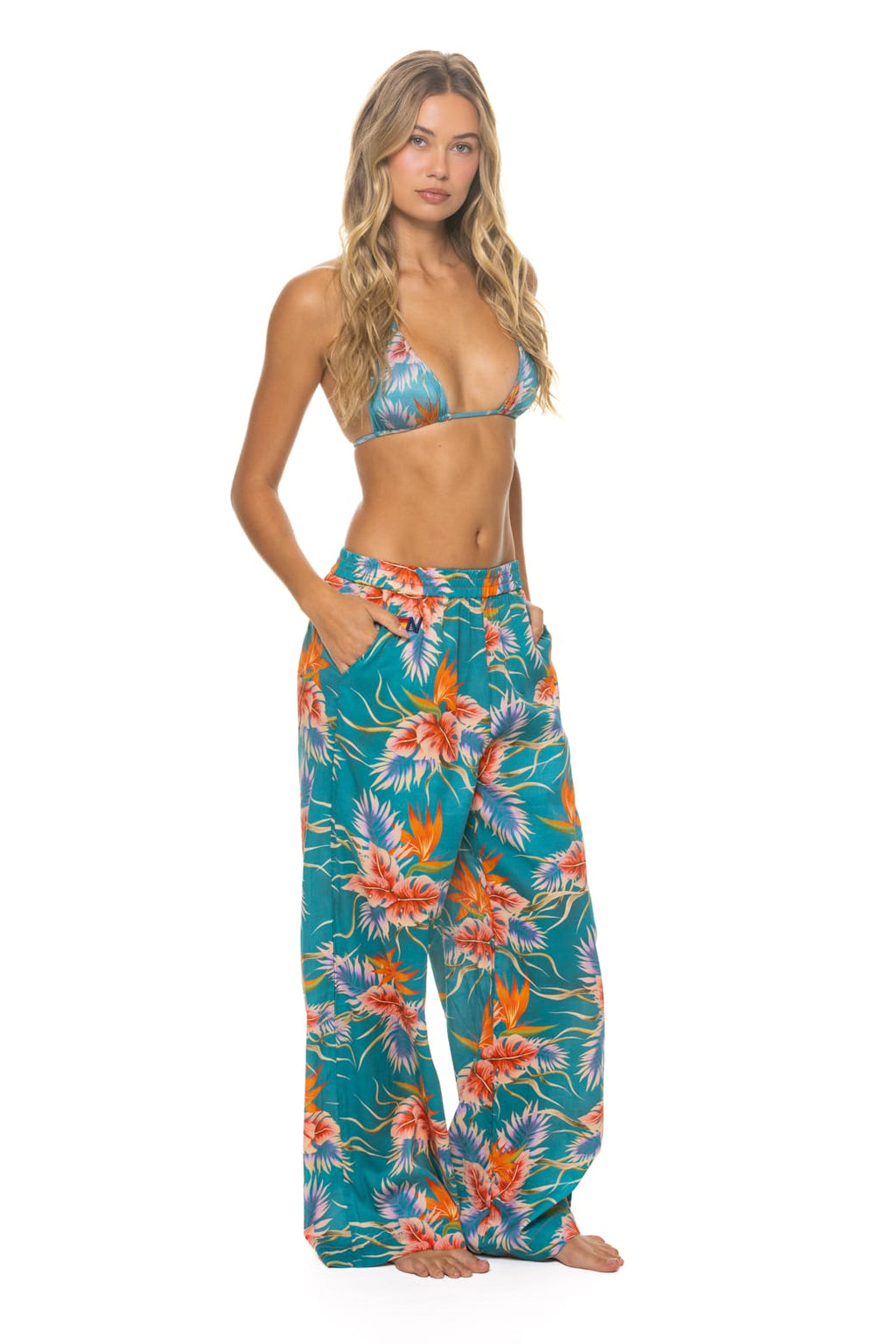 WOMENS COTTON LUXE POPLIN WIDE LEG PANT - BLUE HAWAII