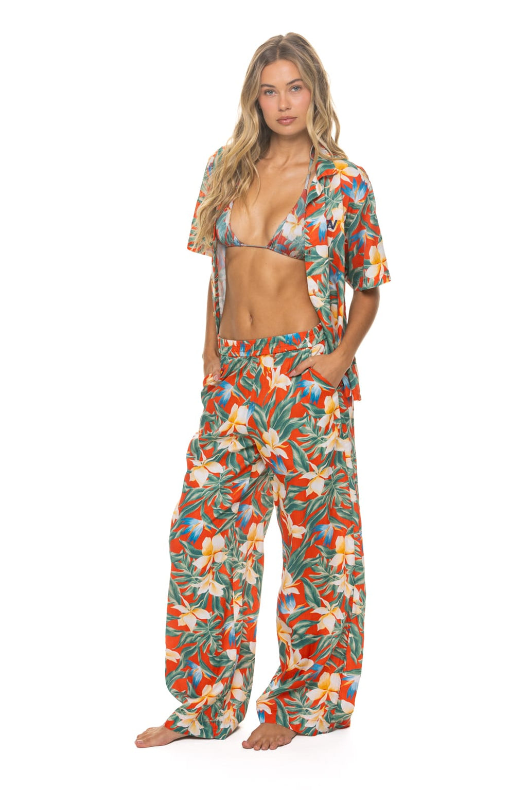 WOMENS COTTON LUXE POPLIN WIDE LEG PANT - RED KAUAI
