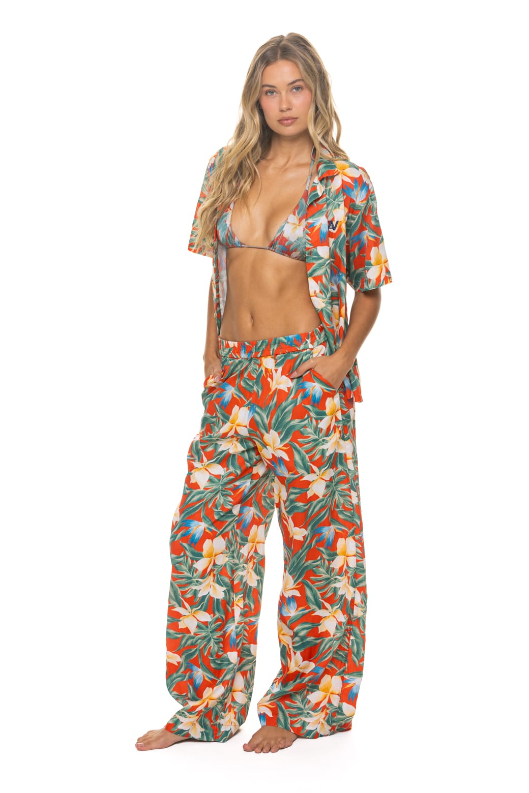 WOMENS COTTON LUXE POPLIN WIDE LEG PANT - RED KAUAI