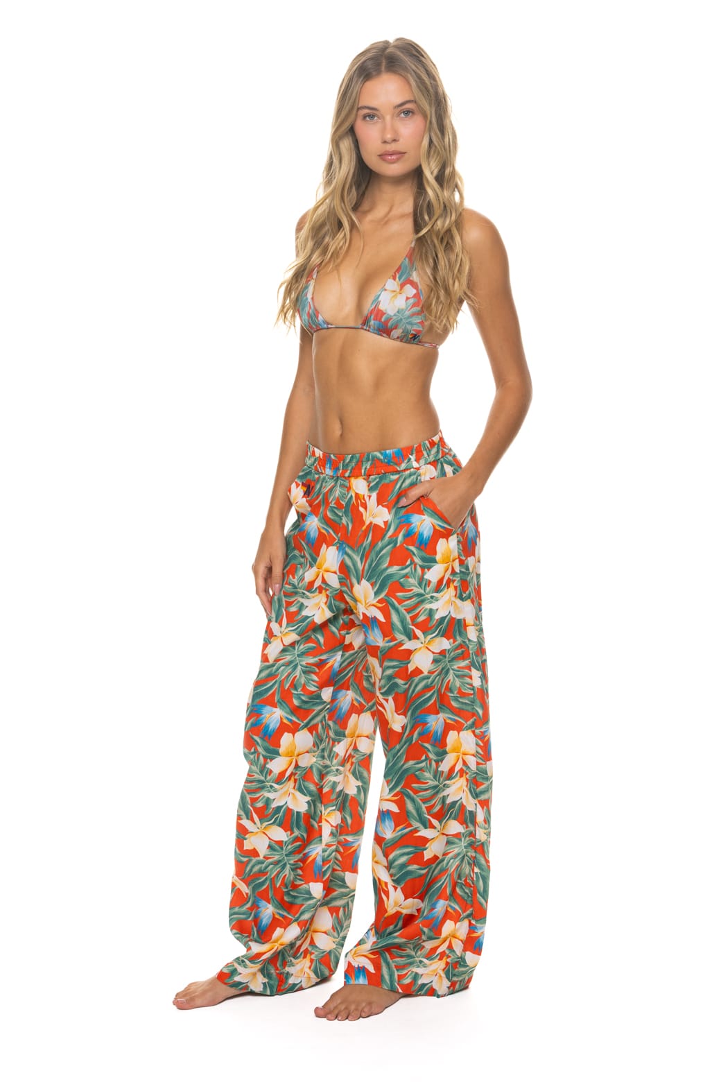 WOMENS COTTON LUXE POPLIN WIDE LEG PANT - RED KAUAI