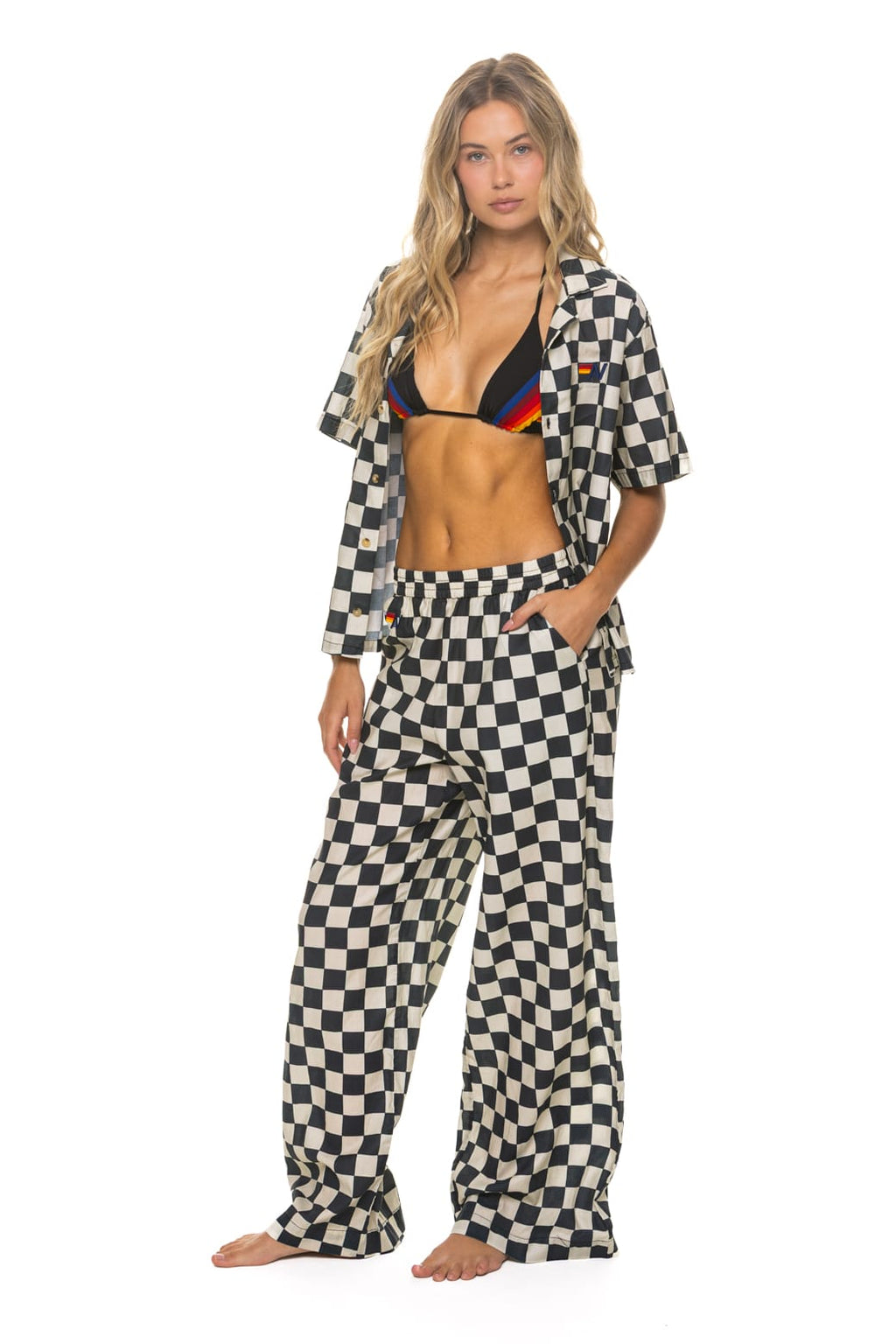 WOMENS COTTON LUXE POPLIN WIDE LEG PANT - VINTAGE BLACK CHECKERED
