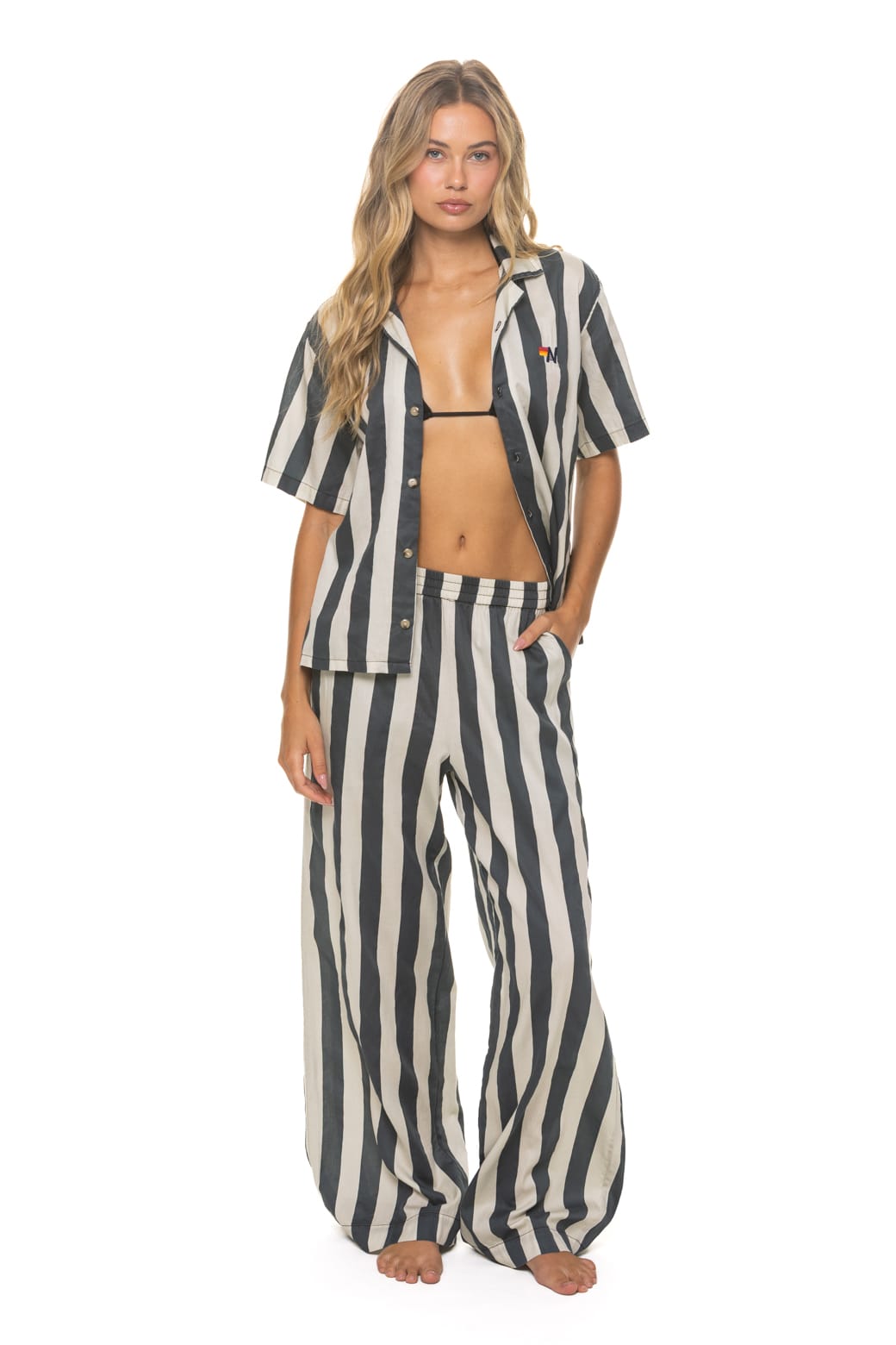 WOMENS COTTON LUXE POPLIN WIDE LEG PANT - VINTAGE BLACK STRIPE