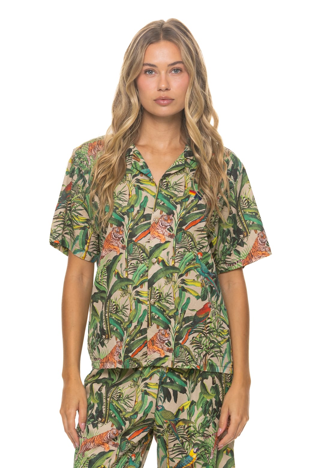 UNISEX COTTON LUXE POPLIN RESORT SHIRT - VINTAGE WHITE JUNGLE