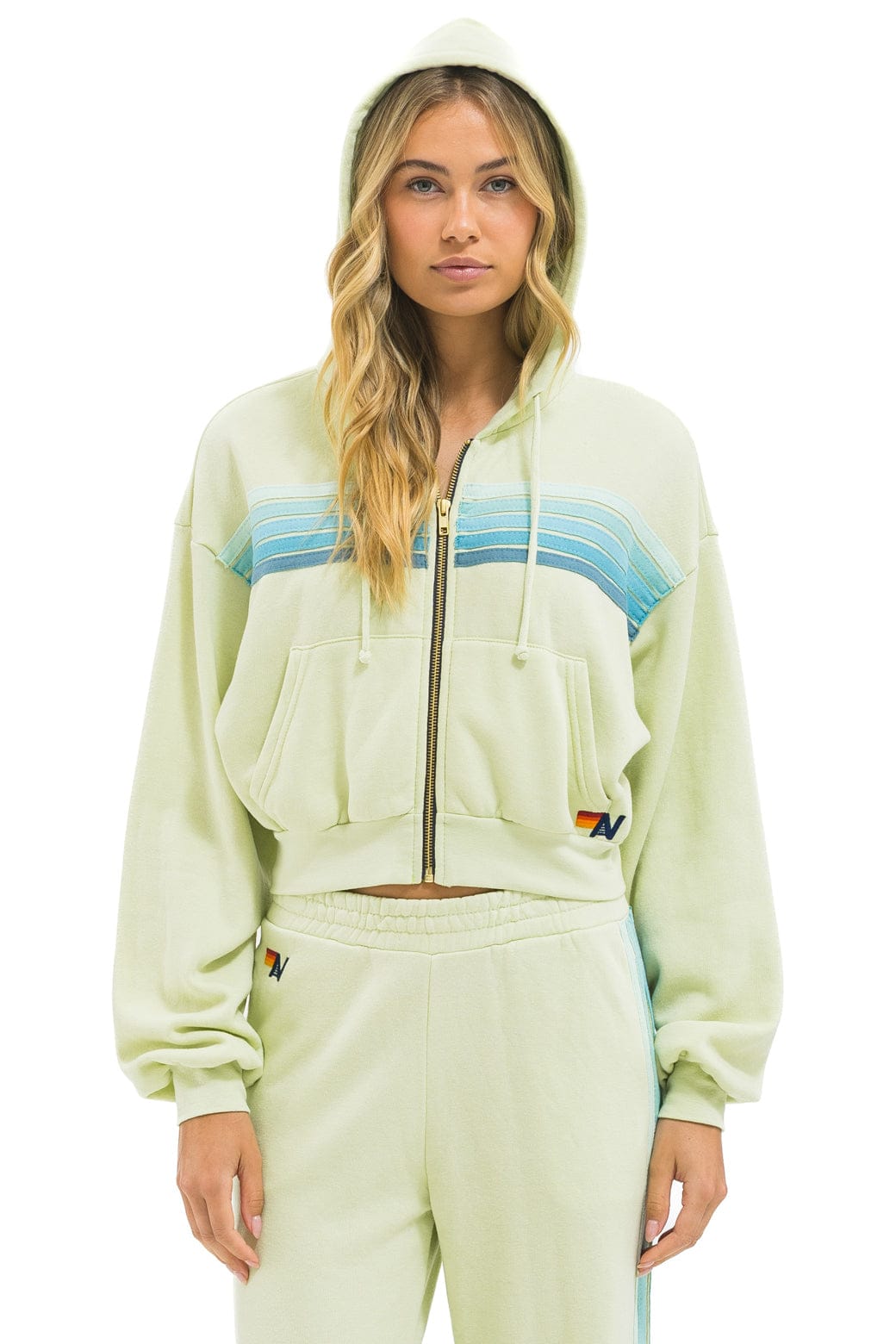 5 STRIPE CROPPED ZIP HOODIE RELAXED - LIME CREAM SEAFOAM