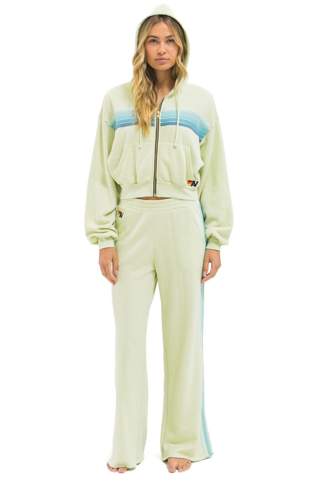 5 STRIPE CROPPED ZIP HOODIE RELAXED - LIME CREAM SEAFOAM