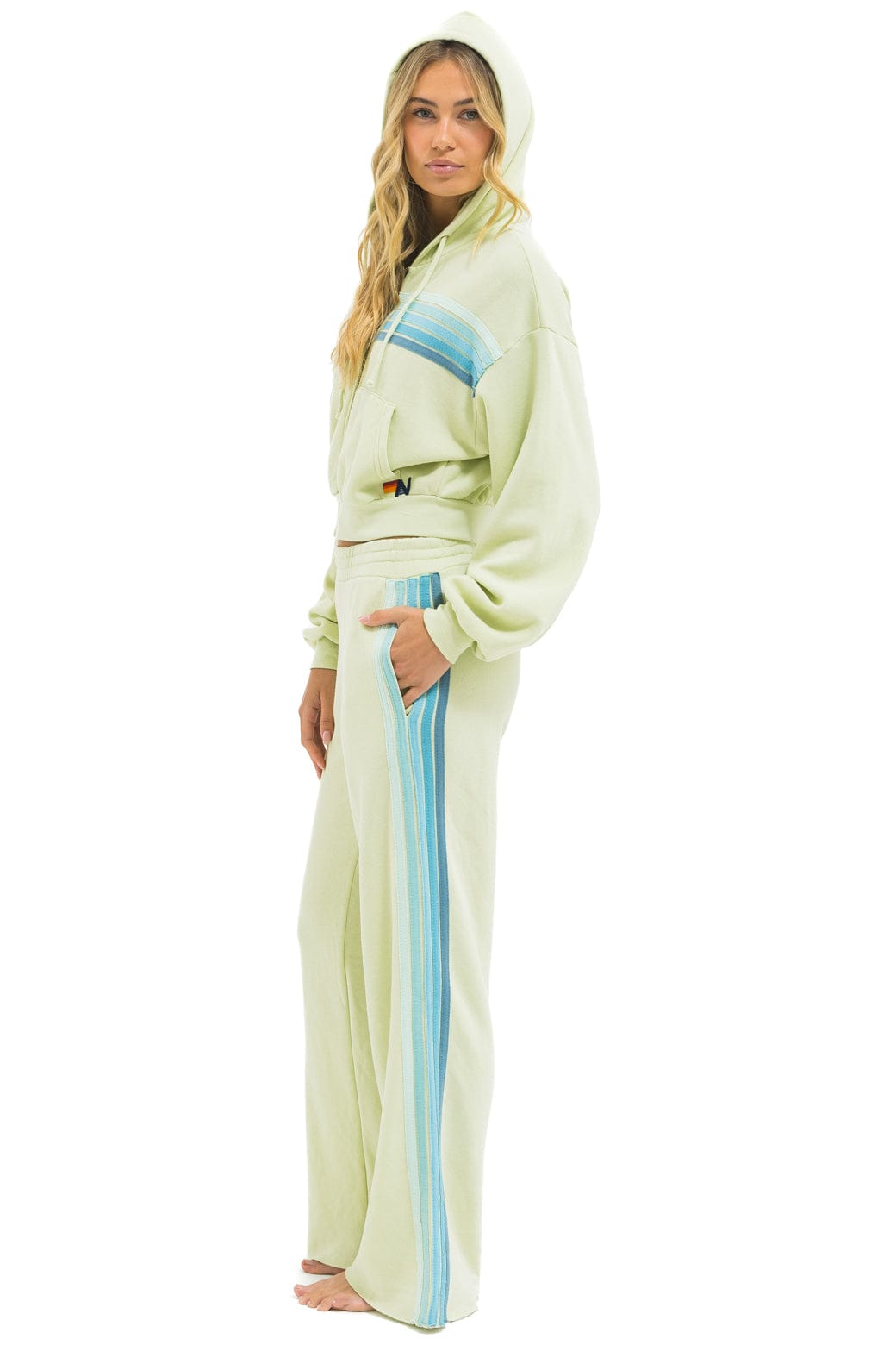5 STRIPE CROPPED ZIP HOODIE RELAXED - LIME CREAM SEAFOAM