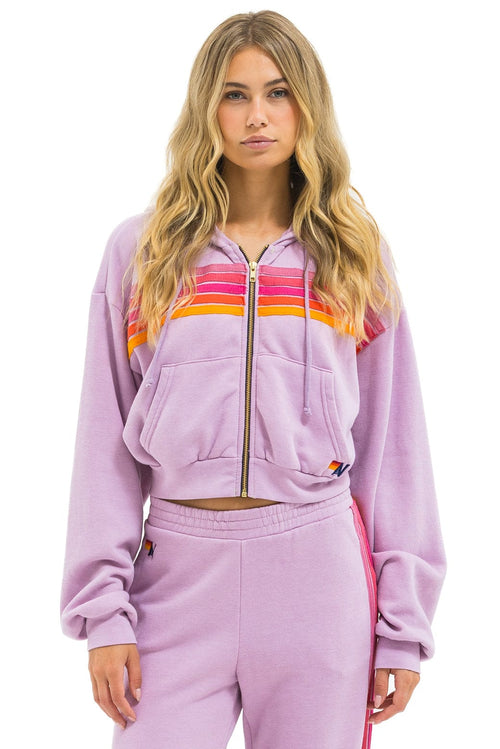 5 STRIPE CROPPED ZIP HOODIE RELAXED - MAUVE MAGENTA ORANGE