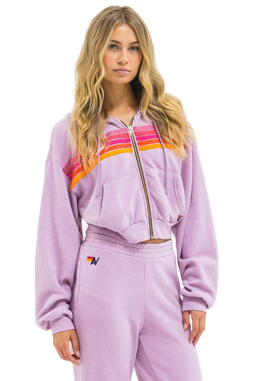 5 STRIPE CROPPED ZIP HOODIE RELAXED - MAUVE MAGENTA ORANGE