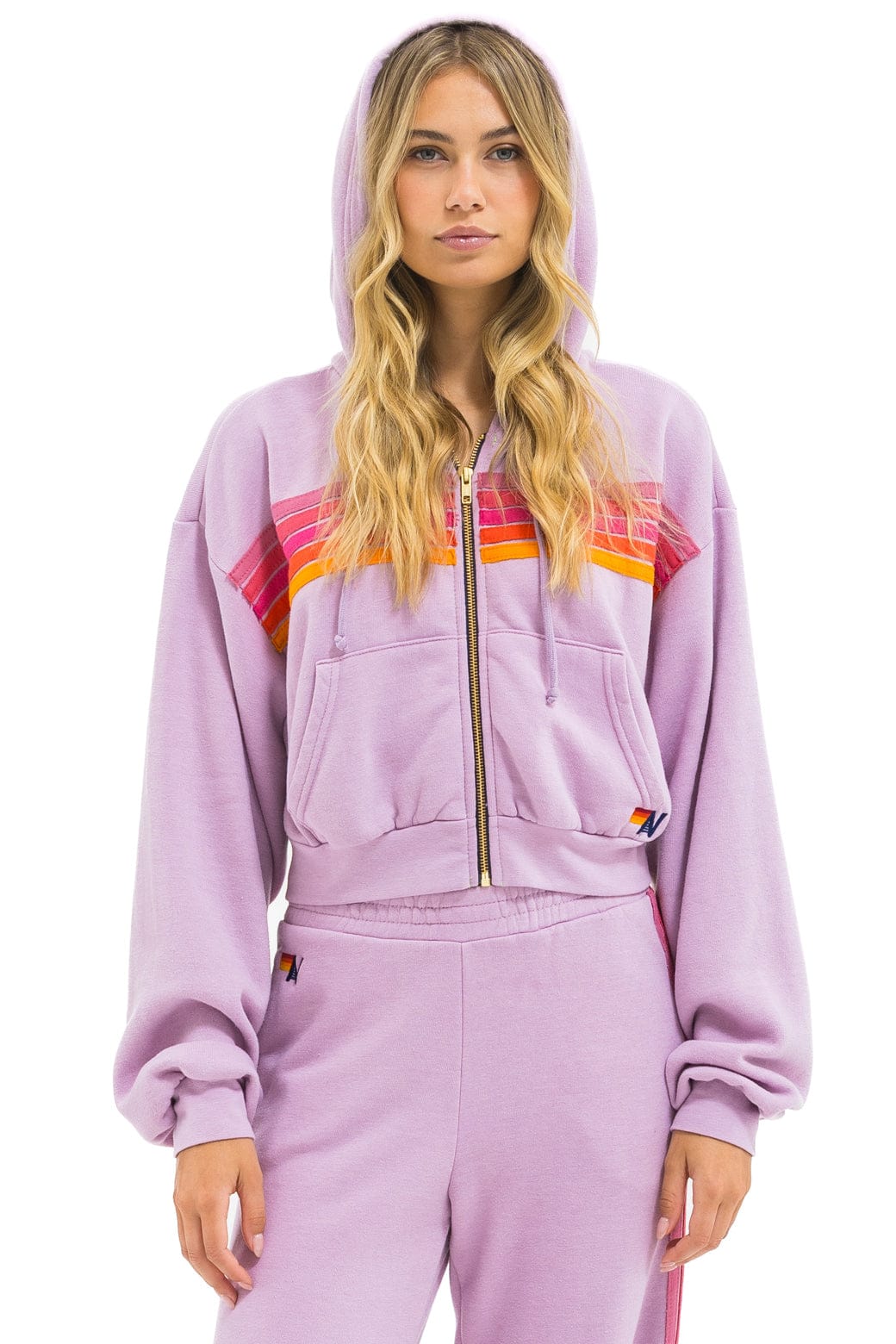 5 STRIPE CROPPED ZIP HOODIE RELAXED - MAUVE MAGENTA ORANGE