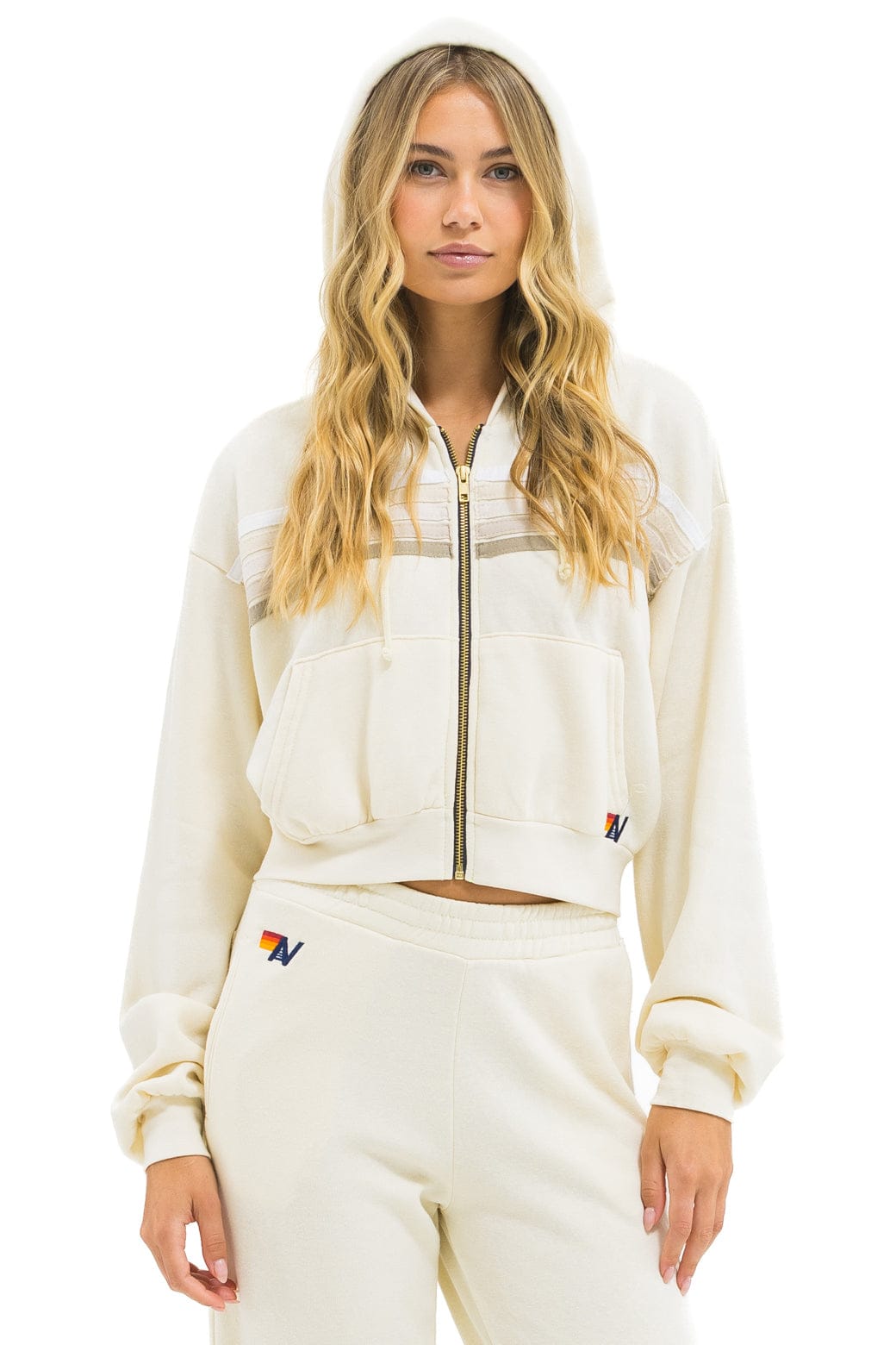 5 STRIPE CROPPED ZIP HOODIE RELAXED - VINTAGE WHITE WHITE GREY
