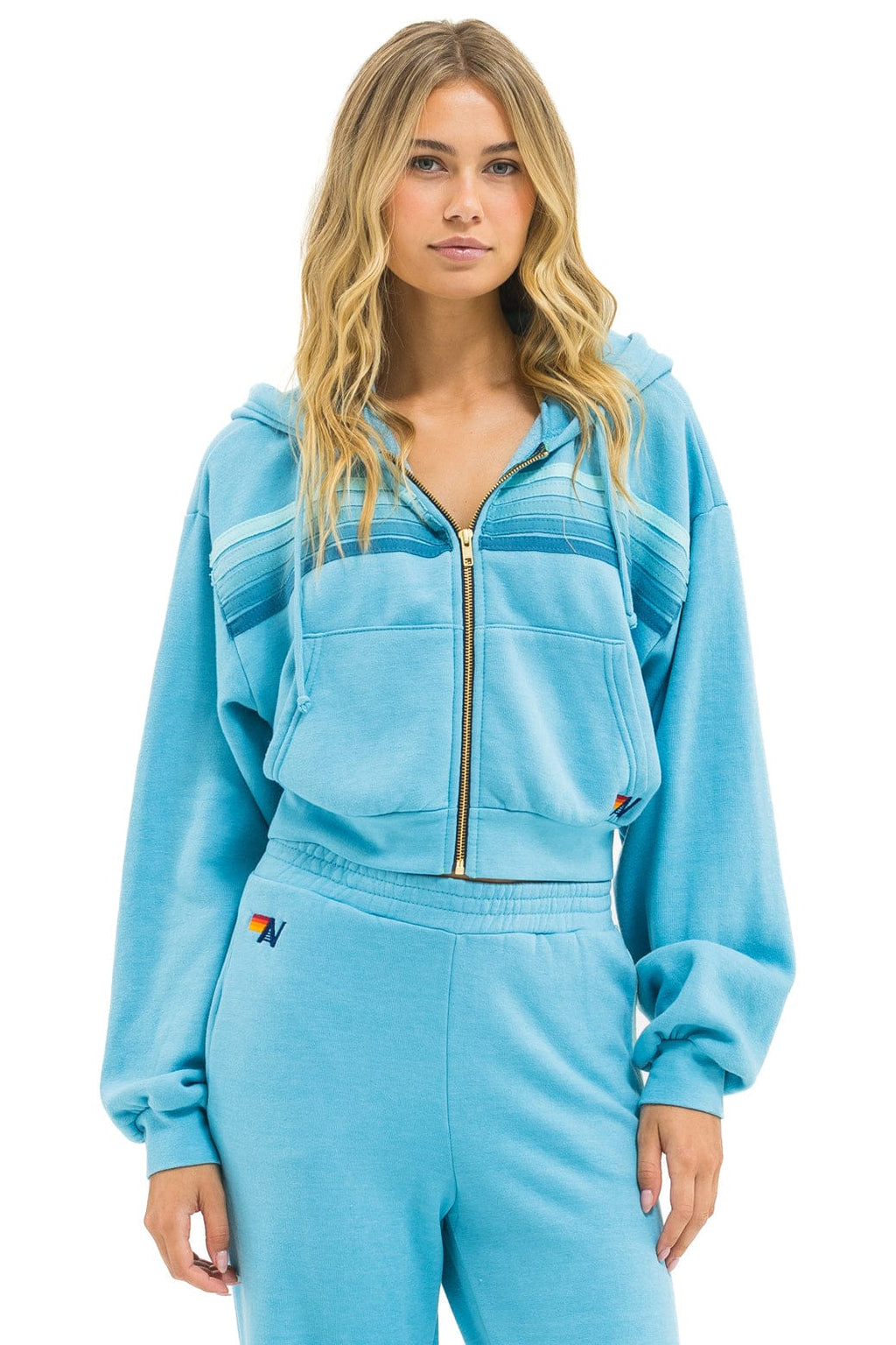 5 STRIPE CROPPED ZIP HOODIE RELAXED - AQUA AQUA
