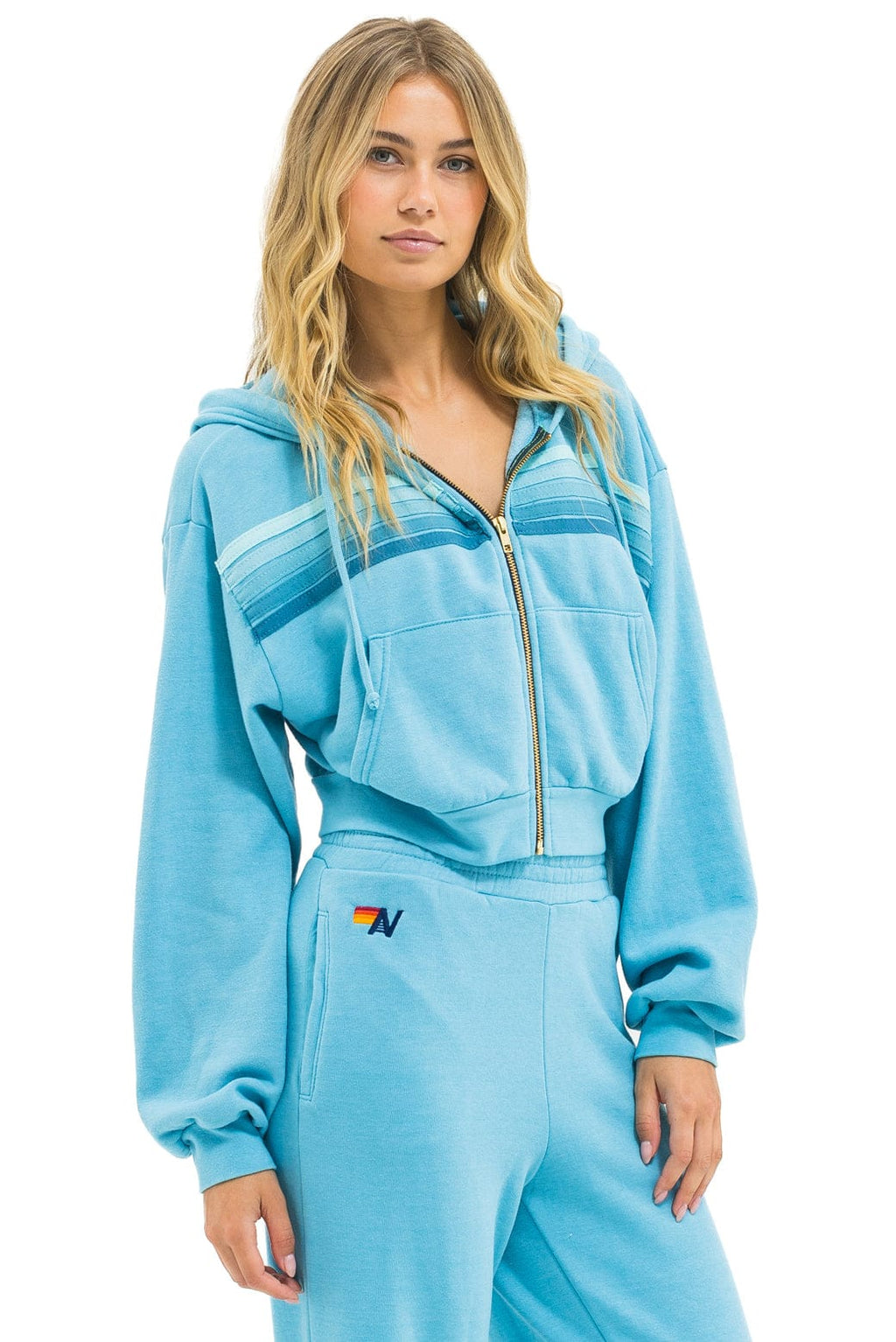 5 STRIPE CROPPED ZIP HOODIE RELAXED - AQUA AQUA