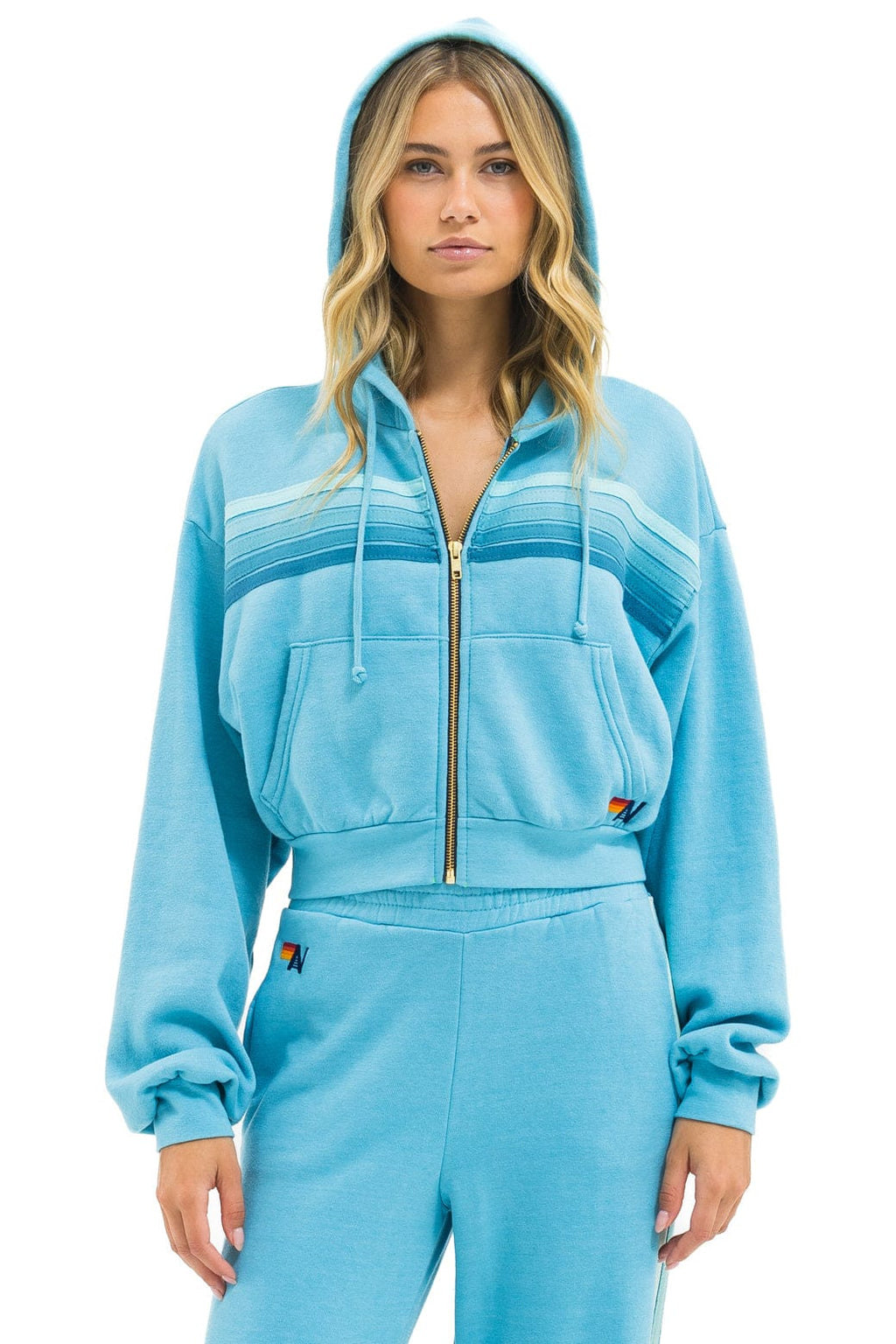 5 STRIPE CROPPED ZIP HOODIE RELAXED - AQUA AQUA