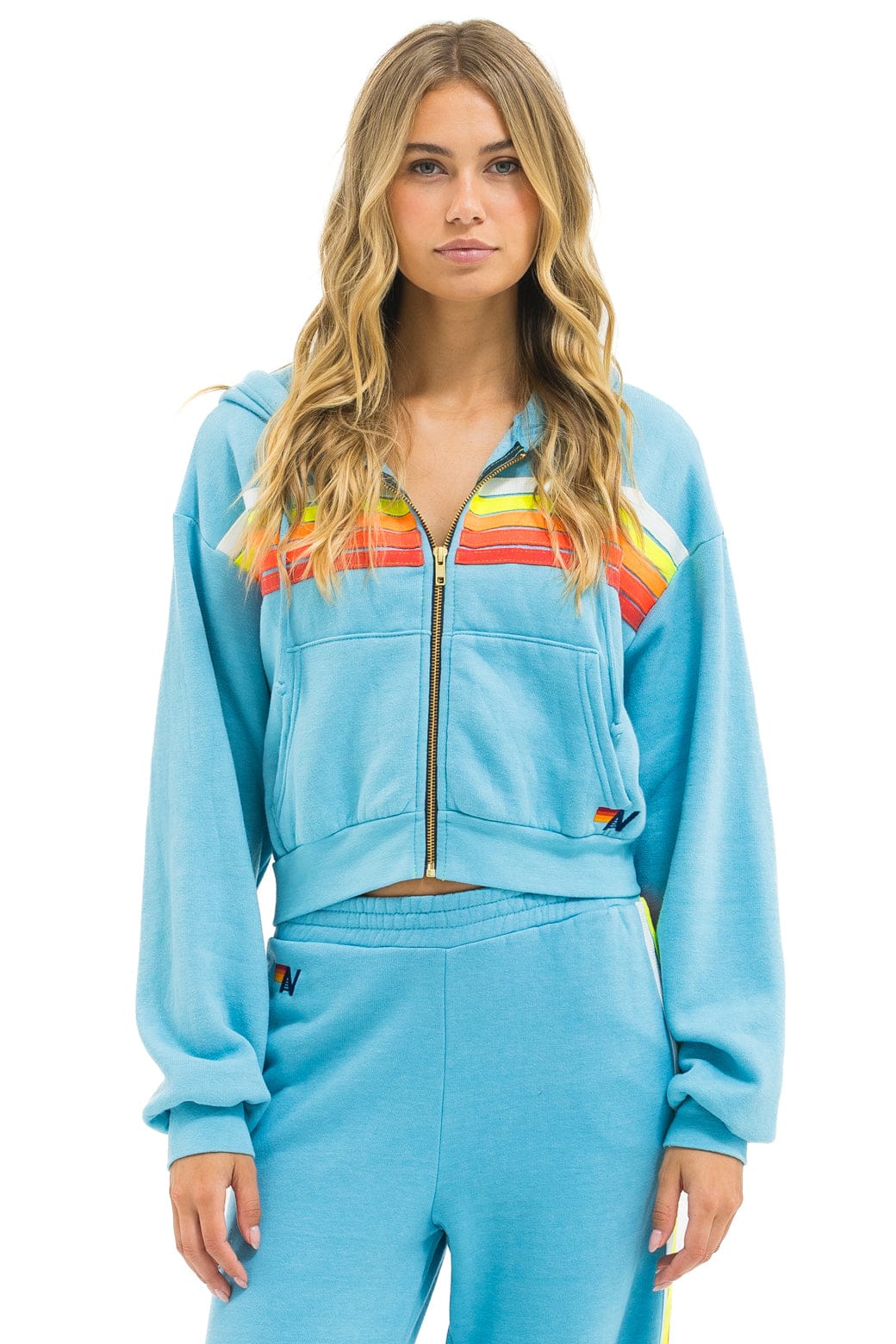 5 STRIPE CROPPED ZIP HOODIE RELAXED - AQUA WHITE NEON