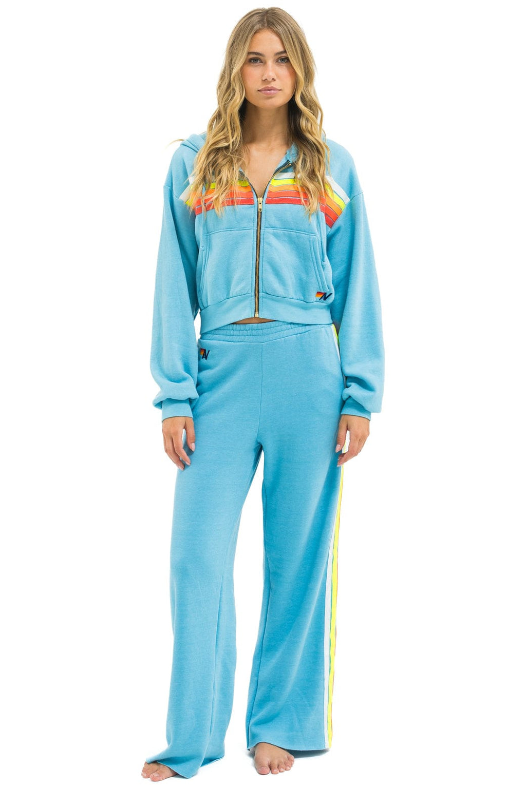 5 STRIPE CROPPED ZIP HOODIE RELAXED - AQUA WHITE NEON