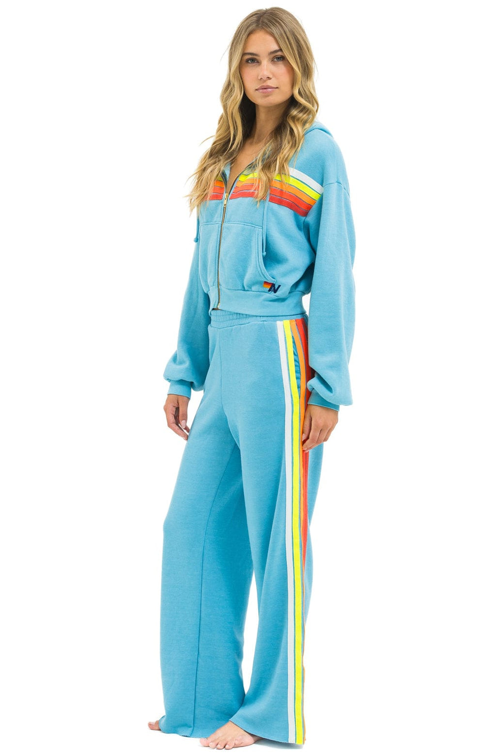 5 STRIPE CROPPED ZIP HOODIE RELAXED - AQUA WHITE NEON