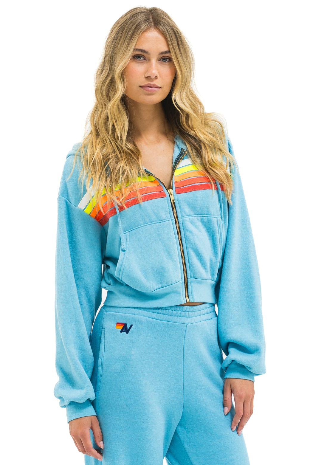 5 STRIPE CROPPED ZIP HOODIE RELAXED - AQUA WHITE NEON