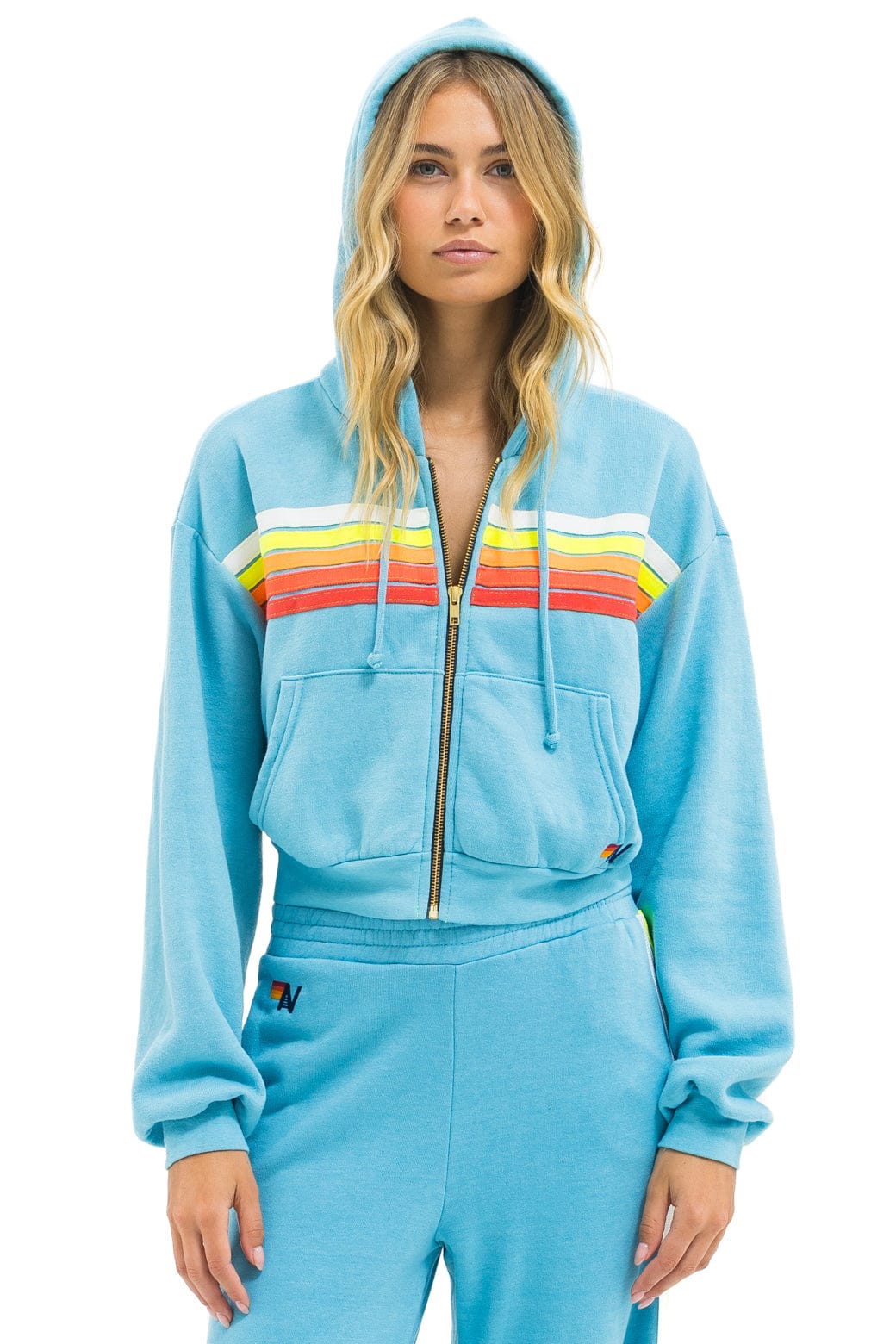 5 STRIPE CROPPED ZIP HOODIE RELAXED - AQUA WHITE NEON
