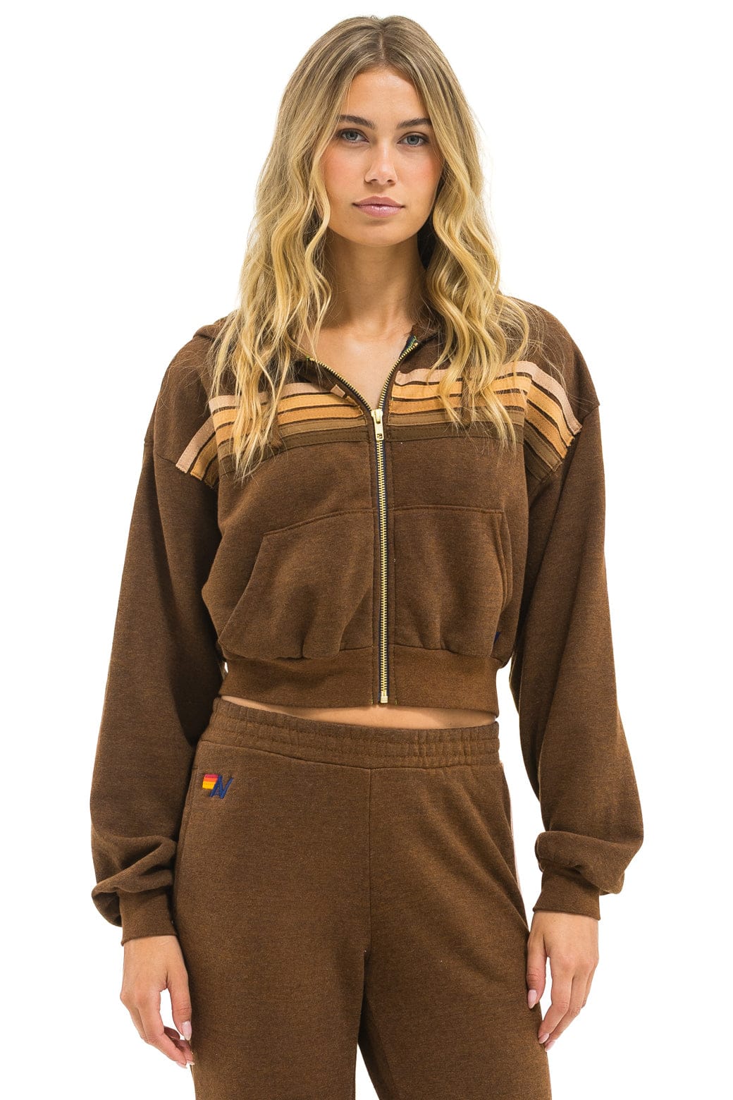 5 STRIPE CROPPED ZIP HOODIE RELAXED - CHOCOLATE ESPRESSO