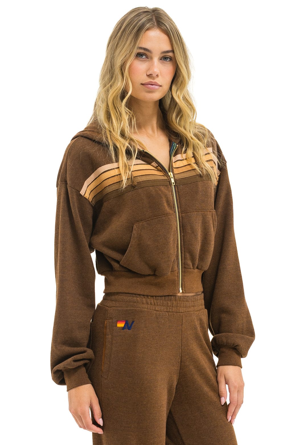 5 STRIPE CROPPED ZIP HOODIE RELAXED - CHOCOLATE ESPRESSO