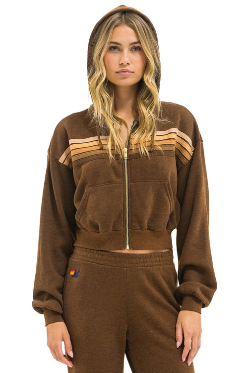 5 STRIPE CROPPED ZIP HOODIE RELAXED - CHOCOLATE ESPRESSO