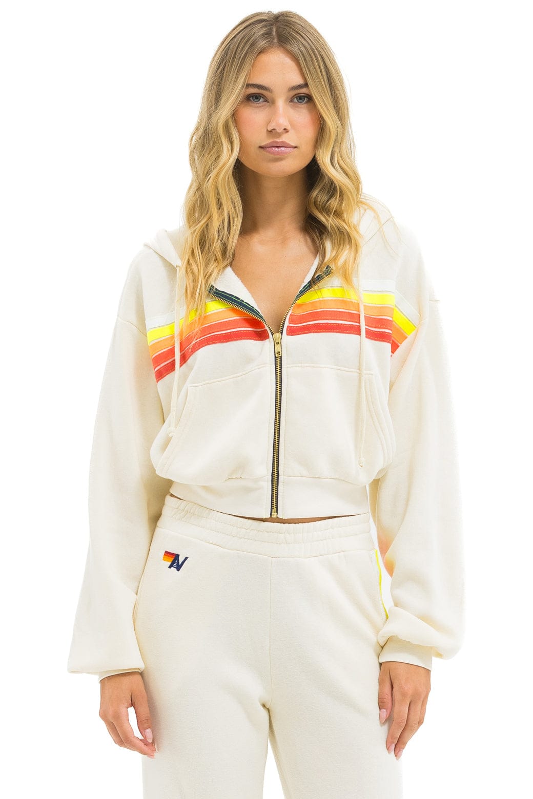 5 STRIPE CROPPED ZIP HOODIE RELAXED - VINTAGE WHITE WHITE NEON