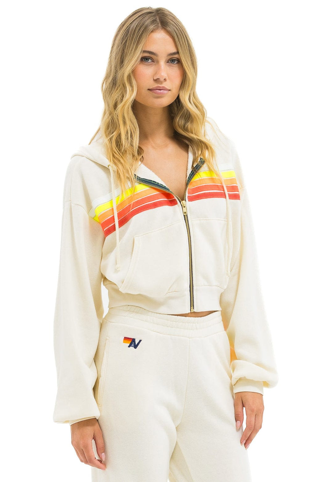 5 STRIPE CROPPED ZIP HOODIE RELAXED - VINTAGE WHITE WHITE NEON