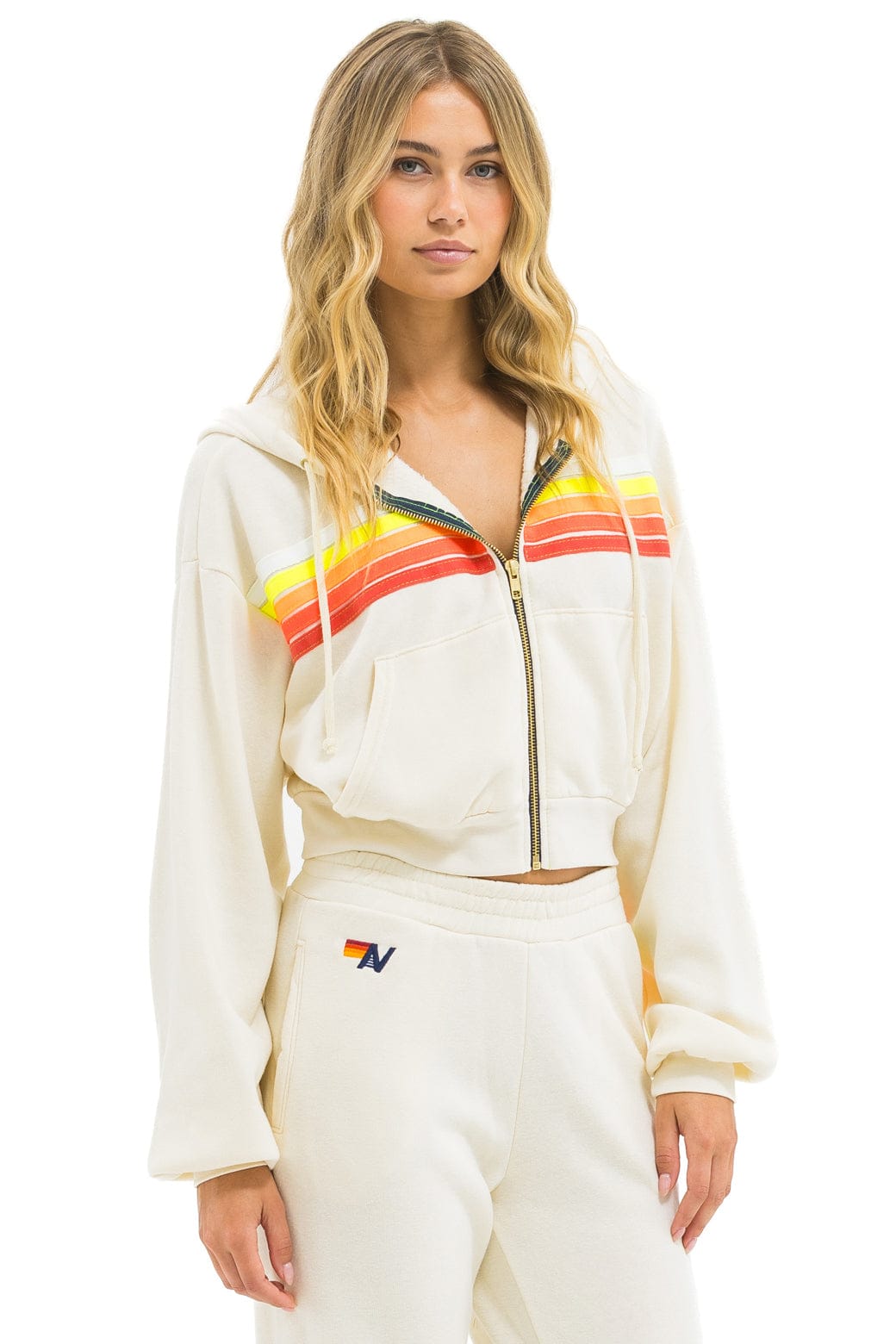 5 STRIPE CROPPED ZIP HOODIE RELAXED - VINTAGE WHITE WHITE NEON