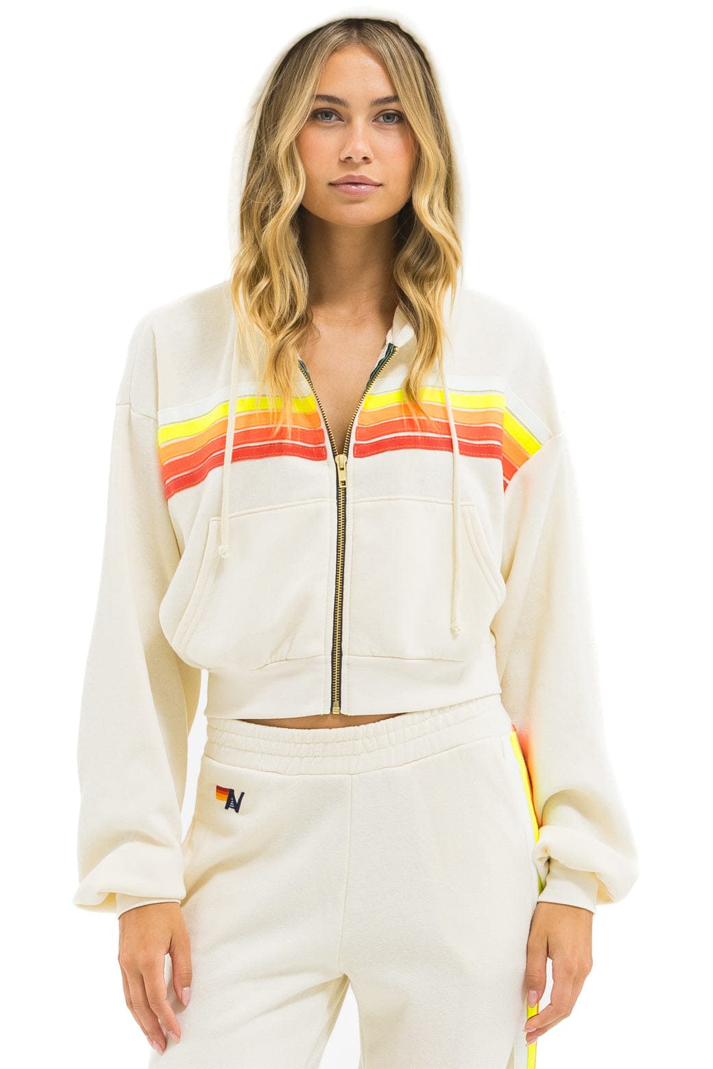 5 STRIPE CROPPED ZIP HOODIE RELAXED - VINTAGE WHITE WHITE NEON