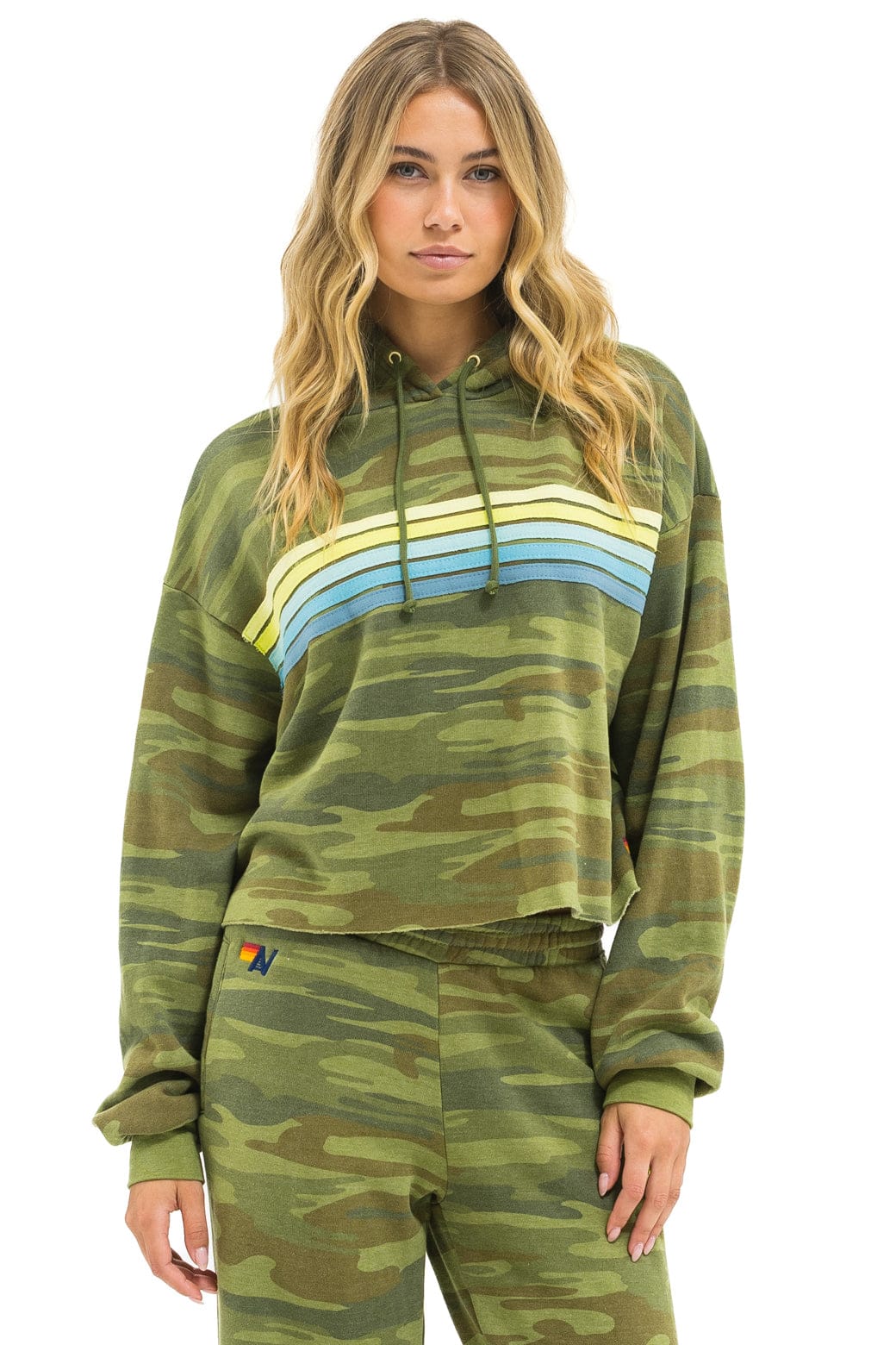 5 STRIPE RELAXED CROPPED PULLOVER HOODIE - CAMO LIME AQUA