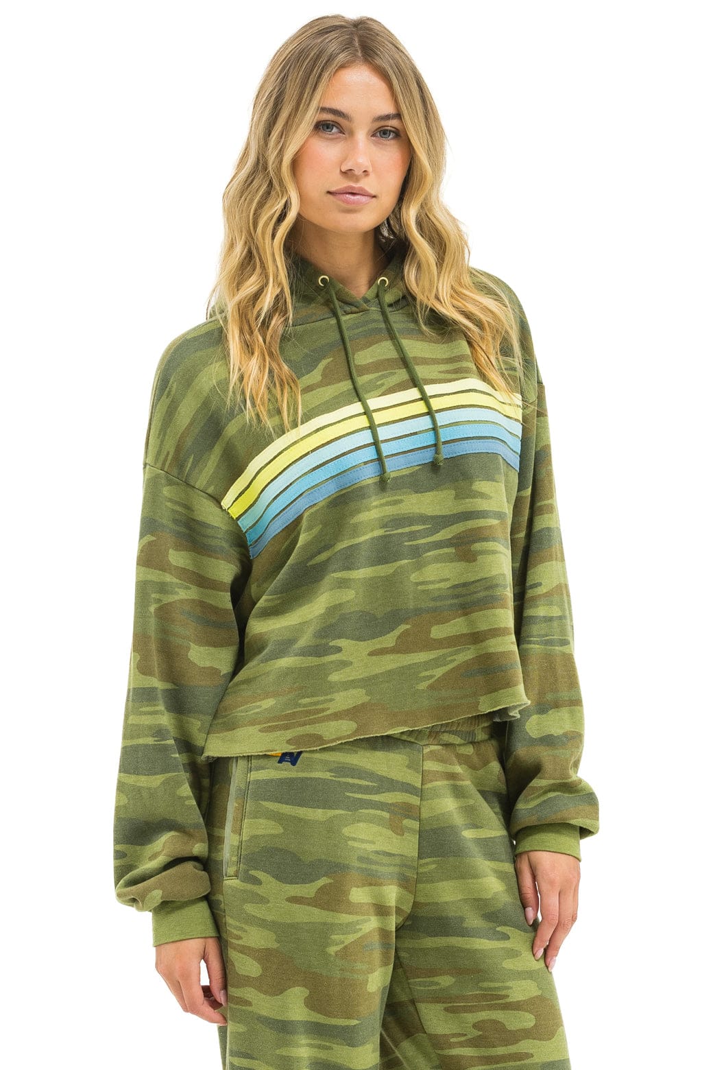 5 STRIPE RELAXED CROPPED PULLOVER HOODIE - CAMO LIME AQUA