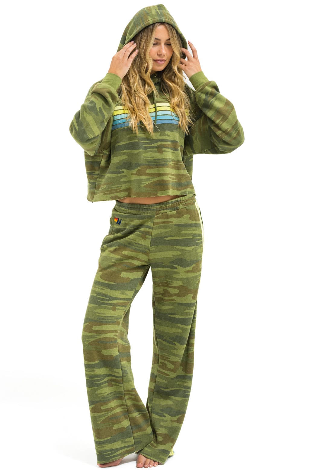 5 STRIPE RELAXED CROPPED PULLOVER HOODIE - CAMO LIME AQUA