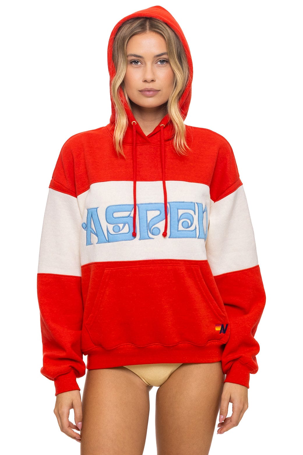 ASPEN EMBROIDERY COLOR BLOCK PULLOVER HOODIE RELAXED - RED VINTAGE WHITE
