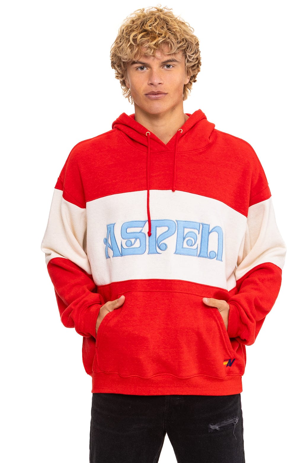ASPEN EMBROIDERY COLOR BLOCK PULLOVER HOODIE RELAXED - RED VINTAGE WHITE
