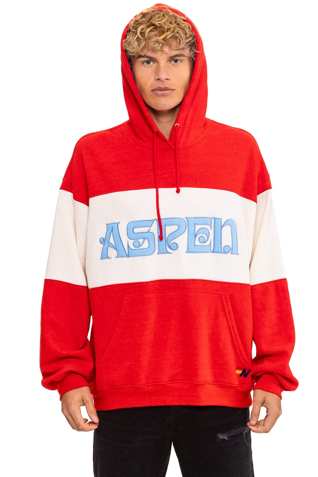 ASPEN EMBROIDERY COLOR BLOCK PULLOVER HOODIE RELAXED - RED VINTAGE WHITE