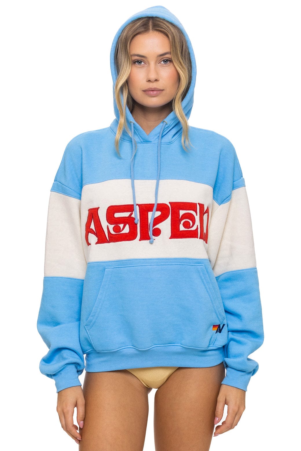 ASPEN EMBROIDERY COLOR BLOCK PULLOVER HOODIE RELAXED - SKY VINTAGE WHITE