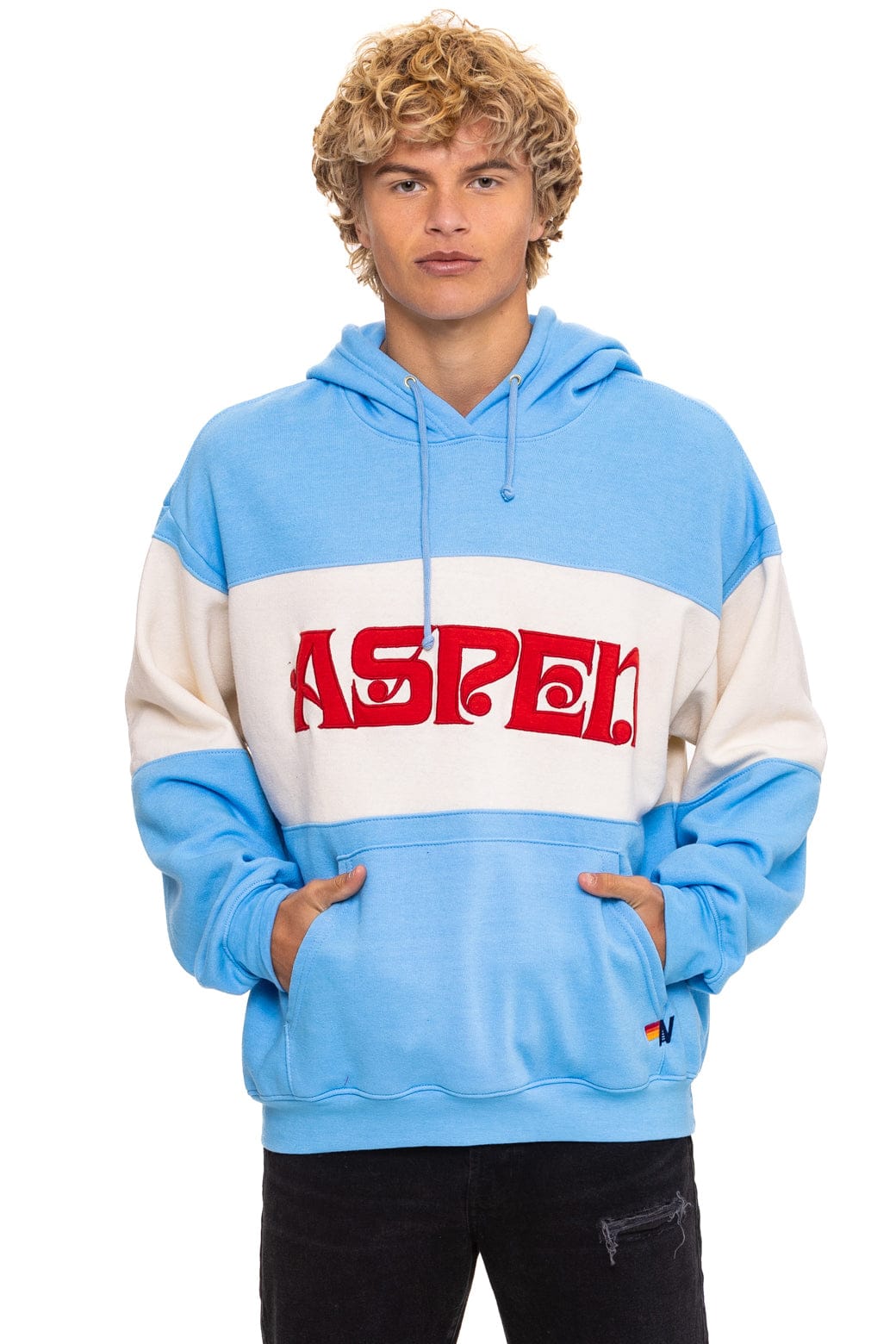 ASPEN EMBROIDERY COLOR BLOCK PULLOVER HOODIE RELAXED - SKY VINTAGE WHITE