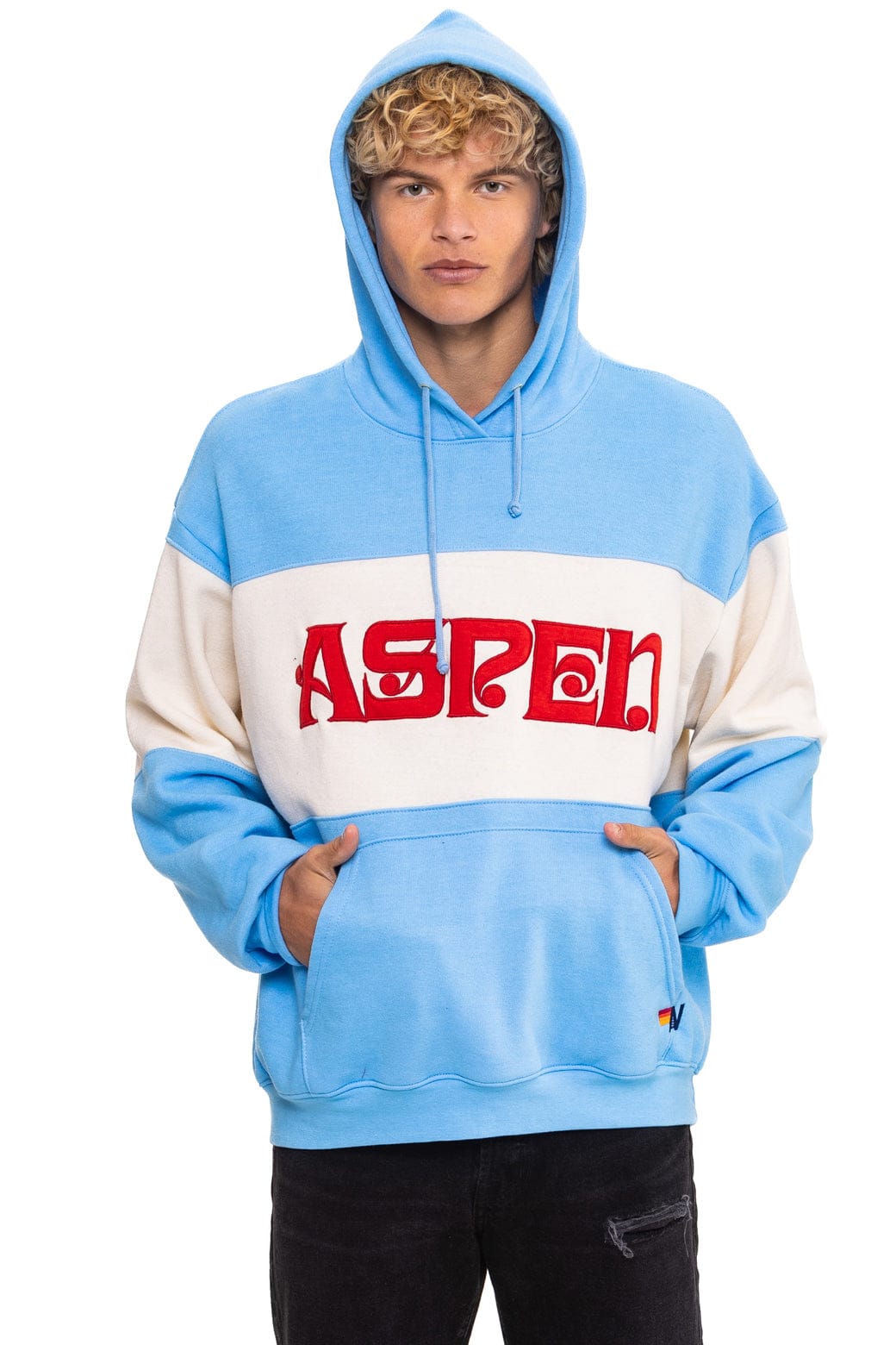 ASPEN EMBROIDERY COLOR BLOCK PULLOVER HOODIE RELAXED - SKY VINTAGE WHITE