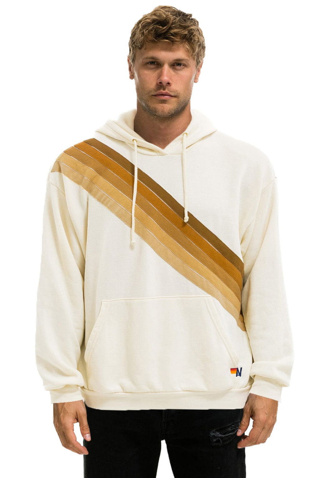 CROSS STRIPE RELAXED PULLOVER HOODIE - VINTAGE WHITE BROWN