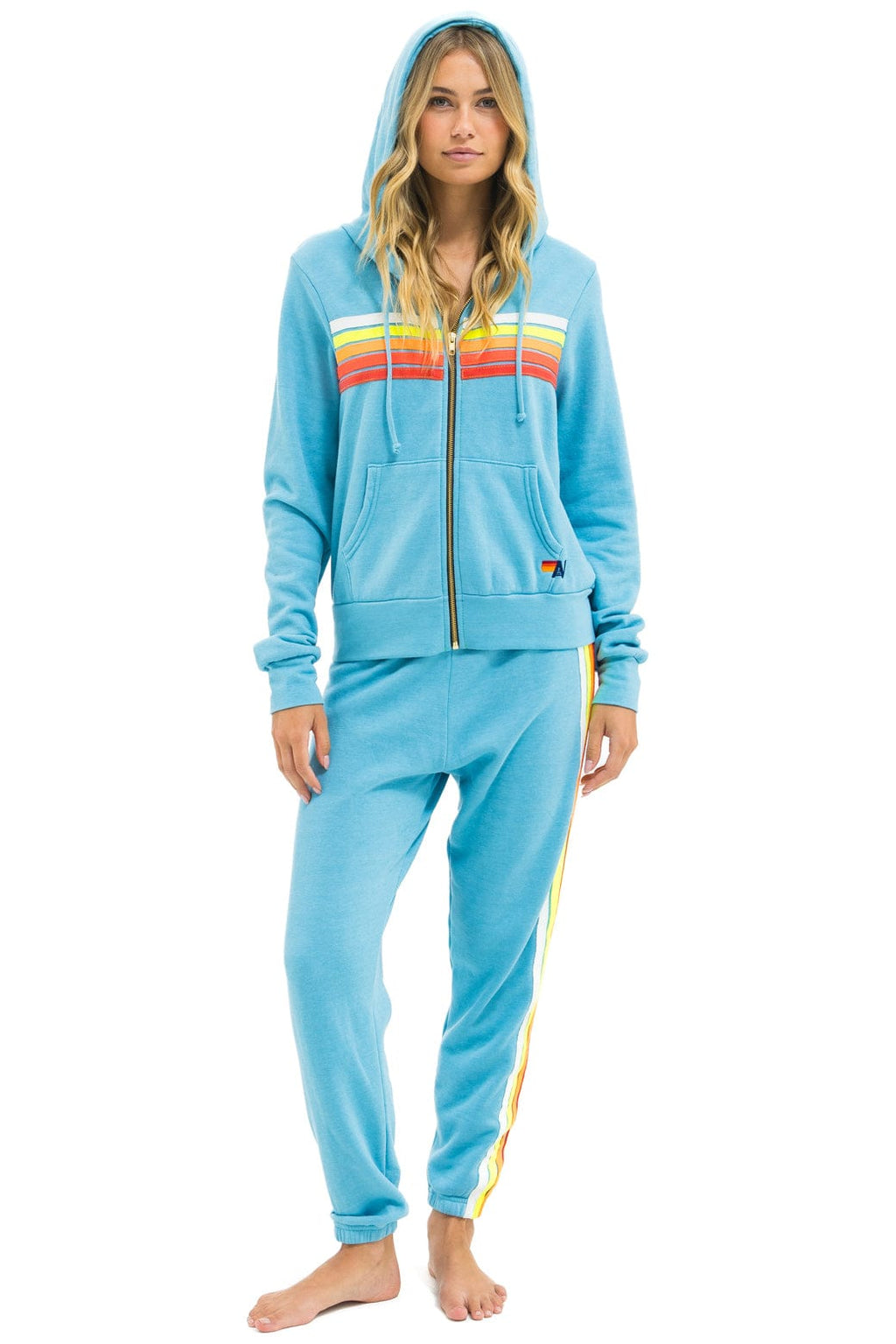 5 STRIPE HOODIE - AQUA WHITE NEON